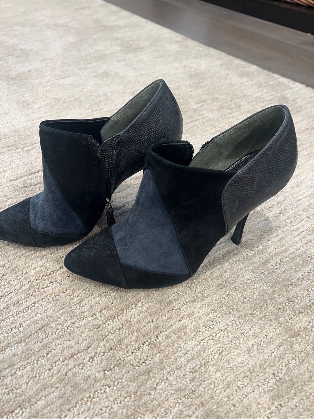 Tory Burch Black and Navy Suede and Leather Pointed Ankle Boots.